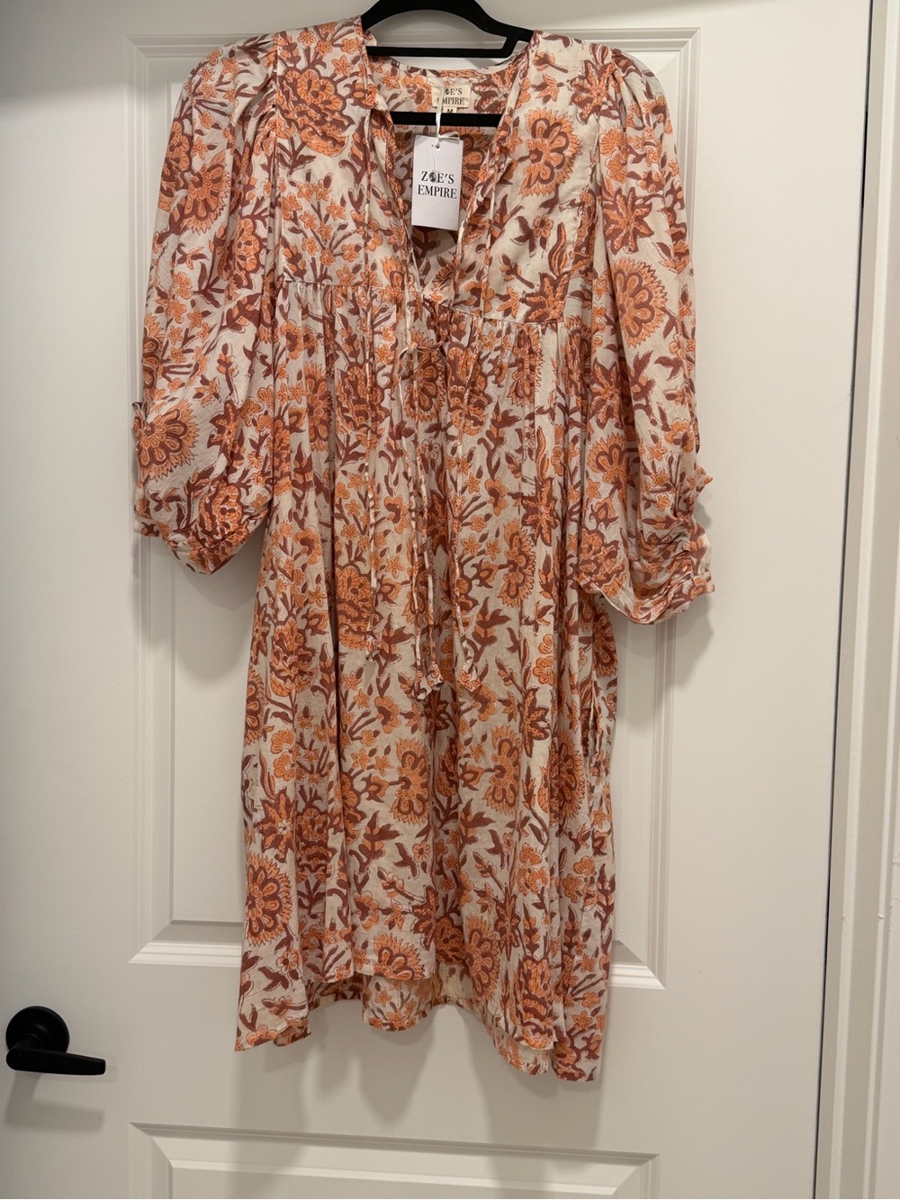 Zoe's Empire Floral Tie-Front Tunic Dress in Rust & Cream NWT